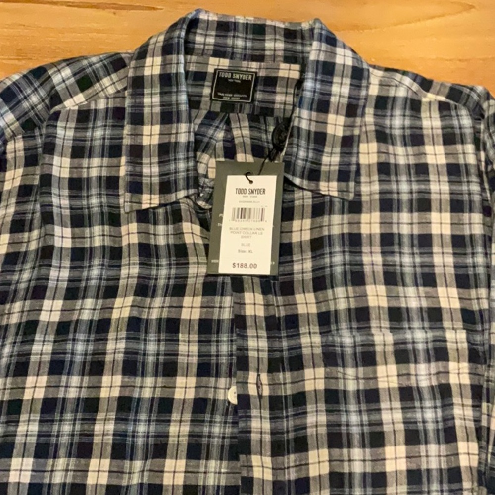 Todd Snyder Blue and White Casual Linen Button Down Shirt
